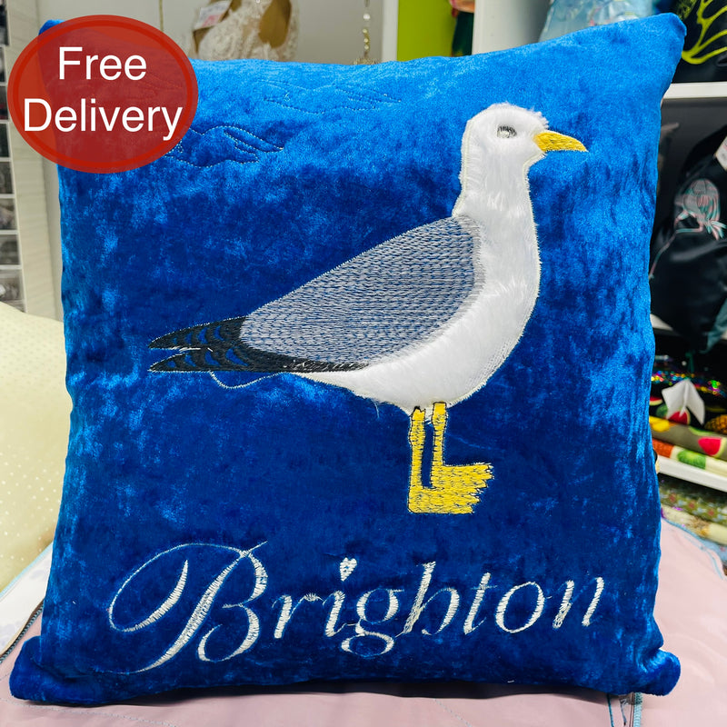 Seagull Brighton Cushion | Embroidery Cushion | Velvet Back - Shop Fabrics, Cushions & Dressmaking Supplies online - Fabric Family