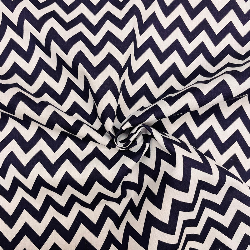 Navy Blue Chevron Polycotton Fabric | Width - 115cm/45inch - Shop Fabrics, Cushions & Dressmaking Supplies online - Fabric Family