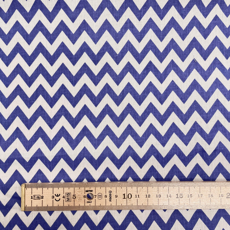 Blue Chevron Polycotton Fabric | Width - 115cm/45inch - Shop Fabrics, Cushions & Dressmaking Supplies online - Fabric Family