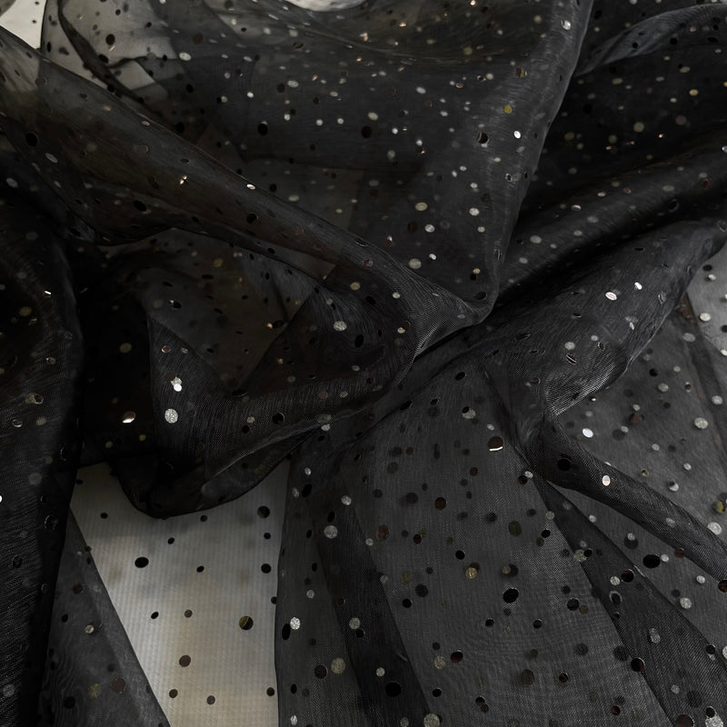 Black Glitter Dot Organza Fabric | Width - 150cm/59inch