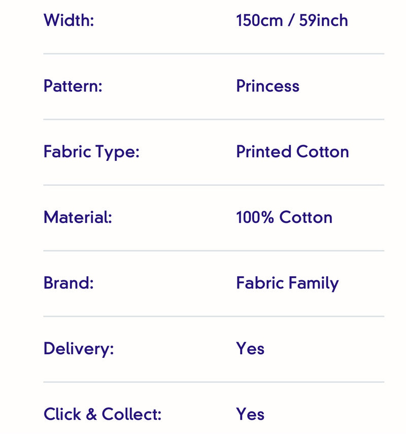 Princess Disney Cotton Fabric | Width - 150cm/59inch - Shop Fabrics, Cushions & Dressmaking Supplies online - Fabric Family