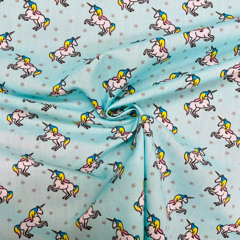 Unicorns Blue Polycotton Fabric | Width - 115cm/45inch - Shop Fabrics, Cushions & Dressmaking Supplies online - Fabric Family