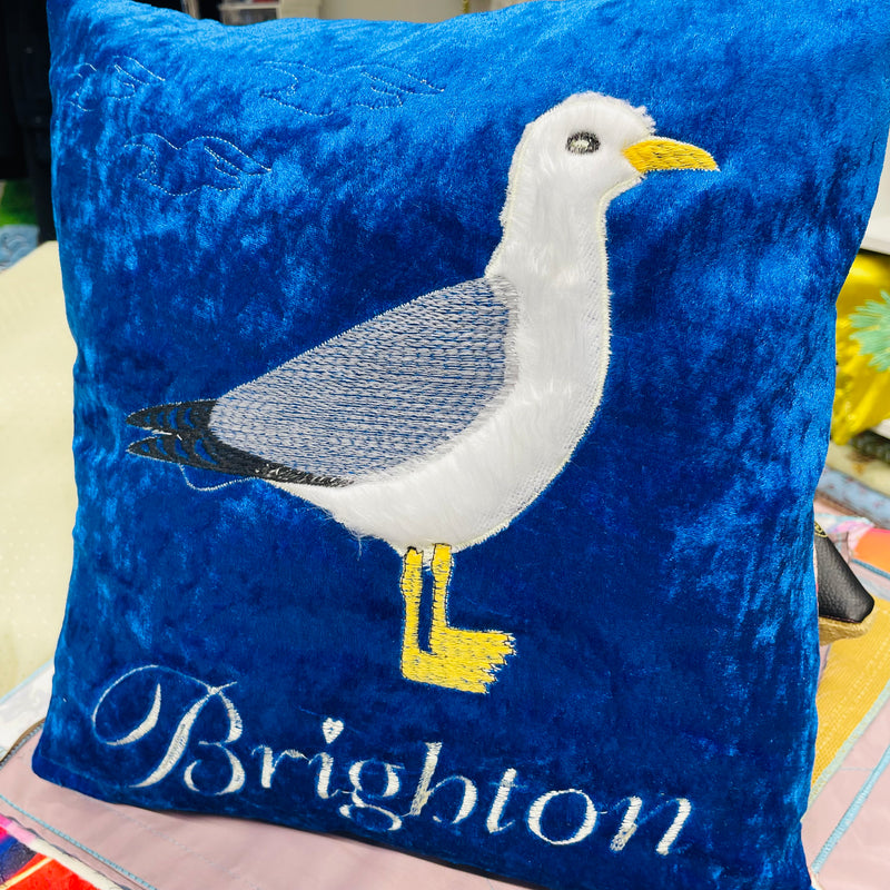 Seagull Brighton Cushion | Embroidery Cushion | Velvet Back - Shop Fabrics, Cushions & Dressmaking Supplies online - Fabric Family