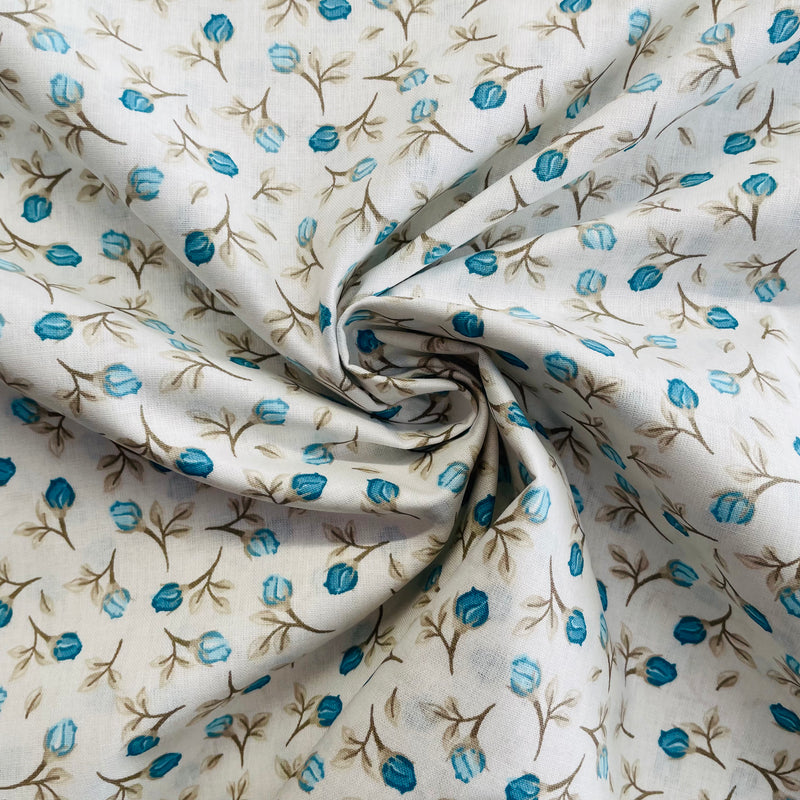 Blue Roses Organic Cotton Fabric | Width - 160cm/63inch