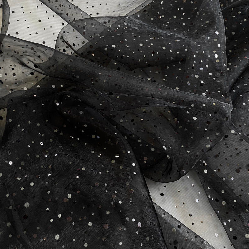 Black Glitter Dot Organza Fabric | Width - 150cm/59inch