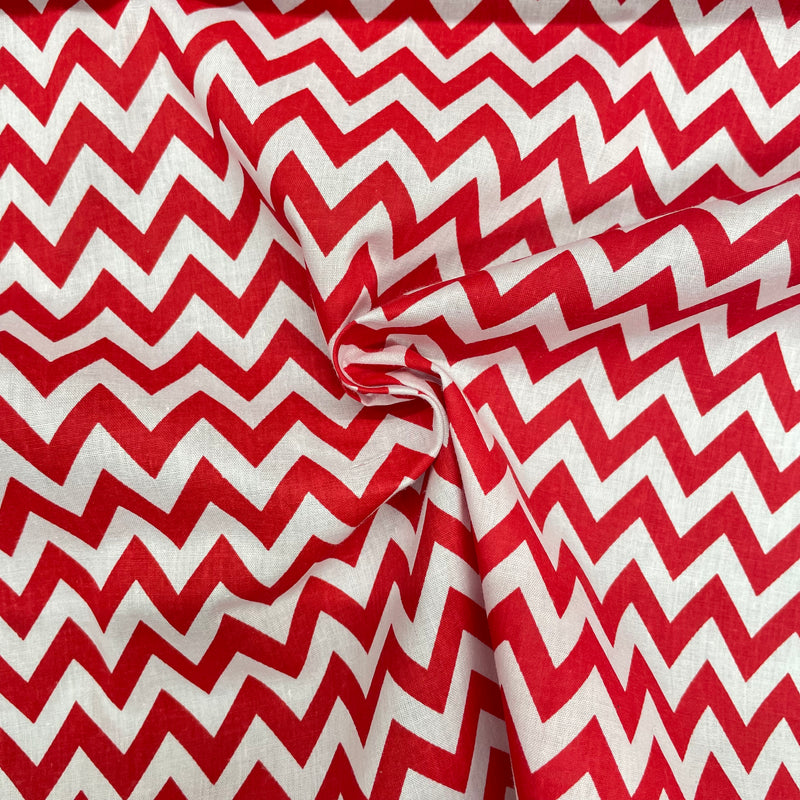 Red Chevron Polycotton Fabric | Width - 115cm/45inch - Shop Fabrics, Cushions & Dressmaking Supplies online - Fabric Family